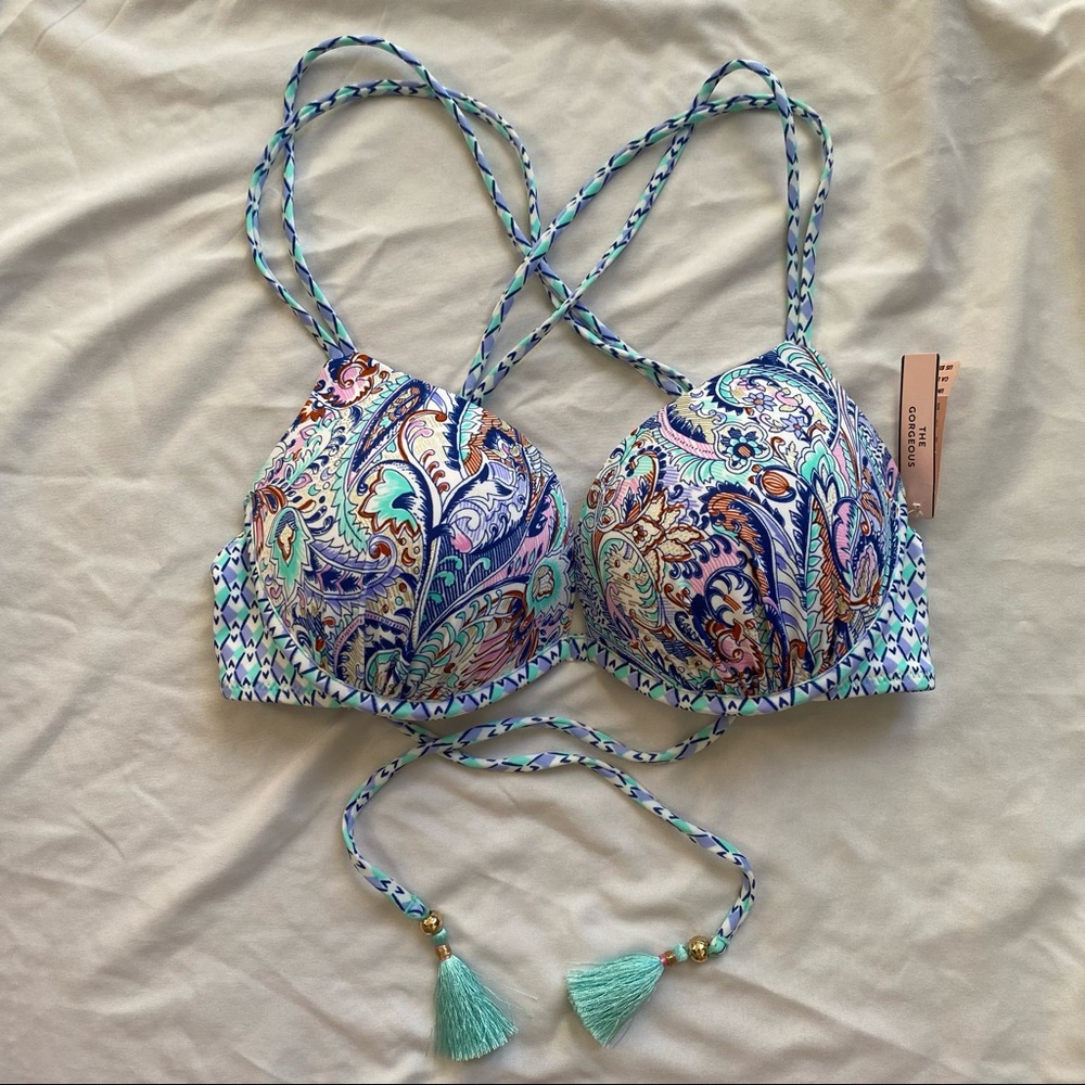 Victoria’s Secret The Gorgeous Bikini Top Strappy Tassel Blue Paisley 32D
